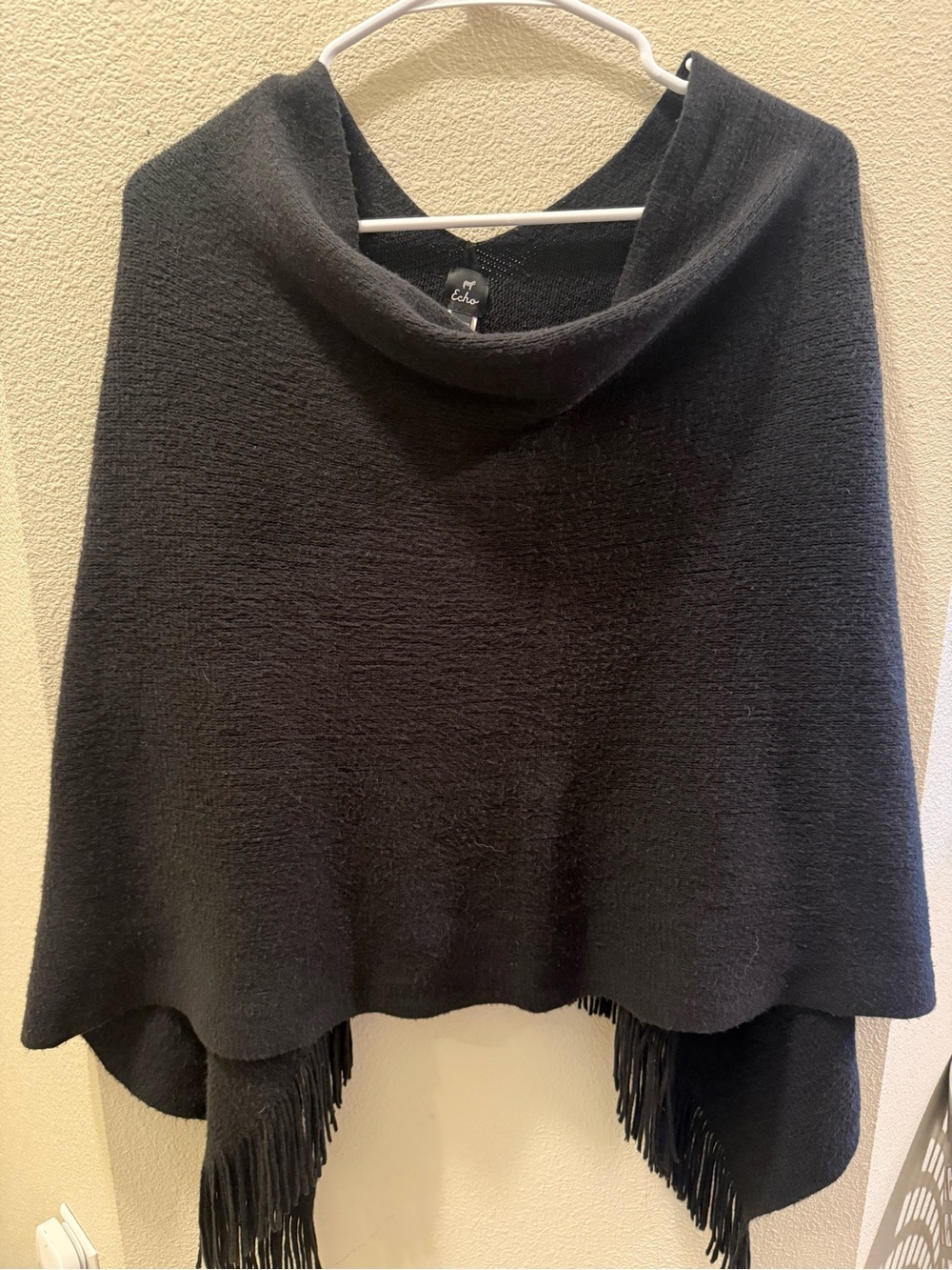 Echo Black Fringe Knit Poncho